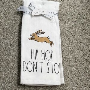Rae Dunn White Tea Towel with Tan Bunny "Hip Hop Don't Stop"